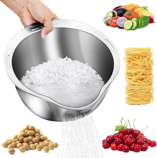 Rice Washer & Strainer Bowl — 4-in-1 Stainless Steel Tool